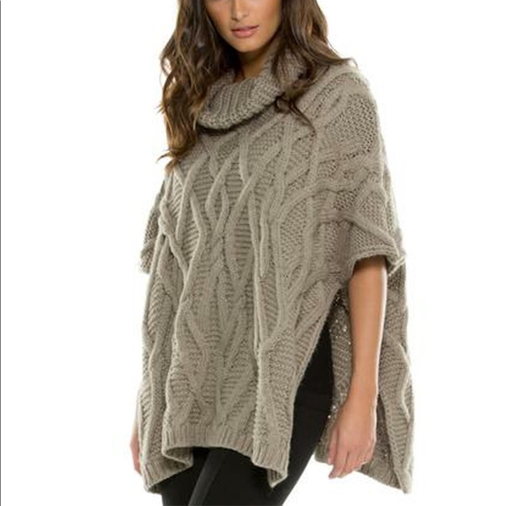 🆕Elan Taupe Cowl Neck Cable Knit Poncho
